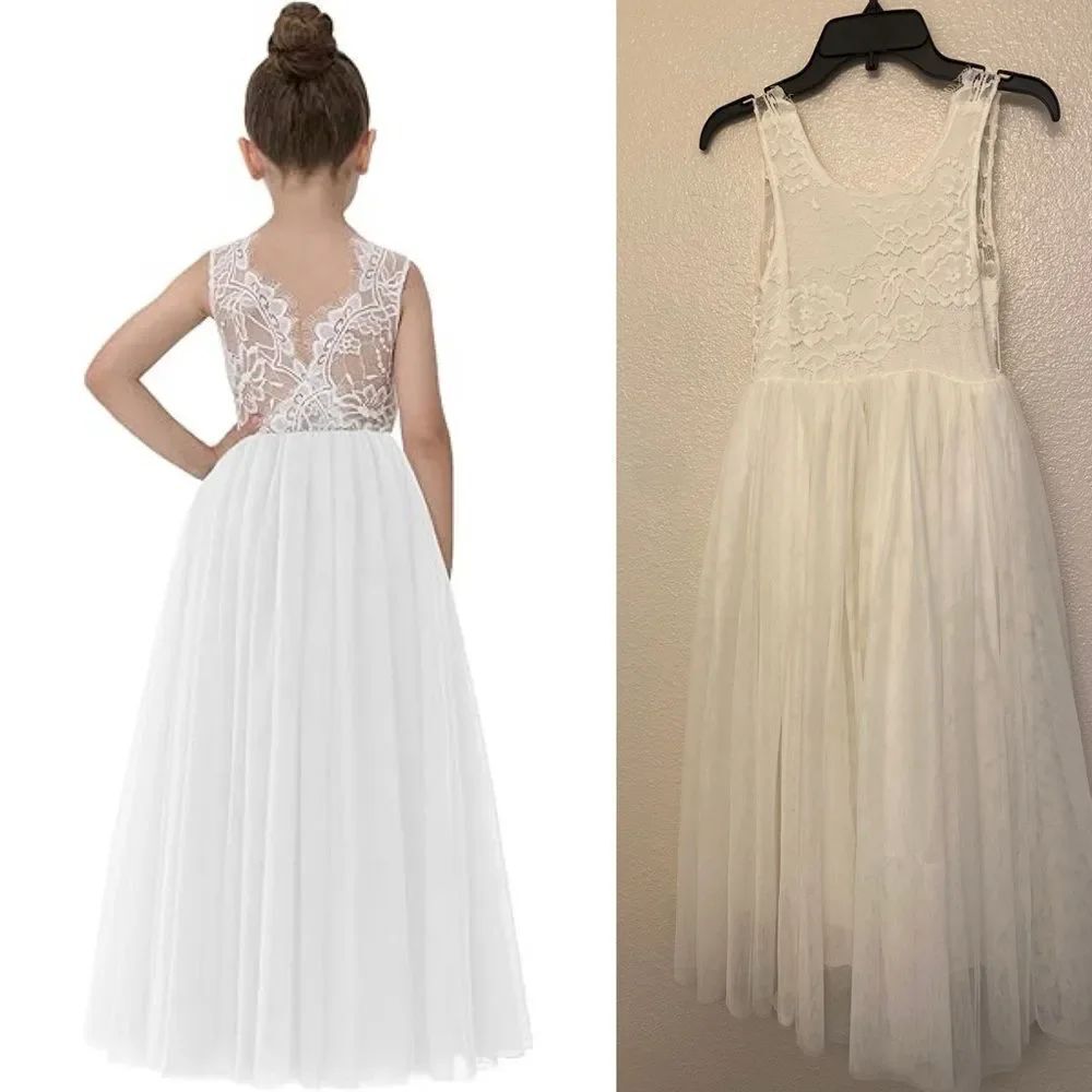 2Bunnies Floral Scallop Lace Tulle Boho Flower Girl Dress long formal 6-8